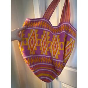 Vintage Wayuu Mochila Bag Handmade by the Wayuu Tribe Used Pink and Orange Patte